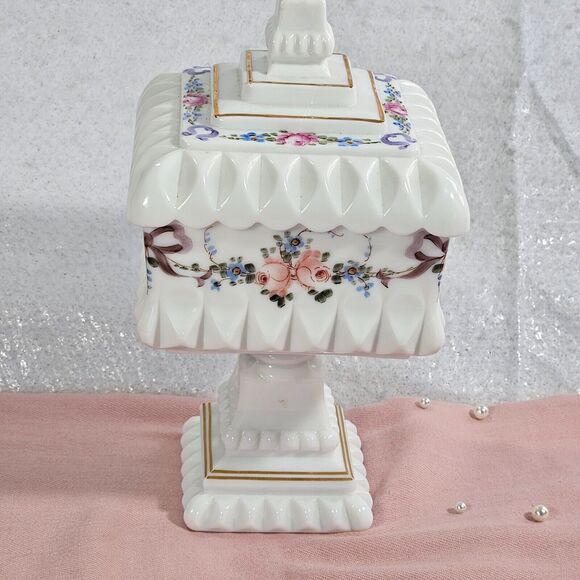 Westmoreland Milk Glass Footed Pedestal Wedding Box Candy Dish Hand Painted 10” - Picture 6 of 16